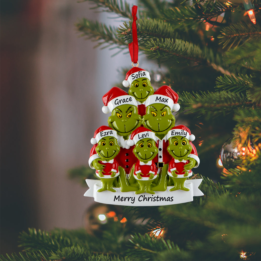 Personalized Green Monster Family of 6 Christmas Ornament