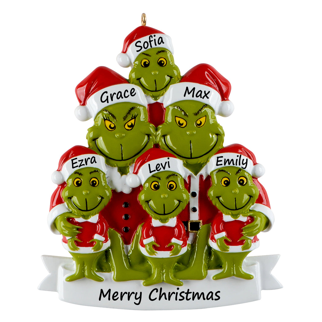 Personalized Green Monster Family of 6 Christmas Ornament