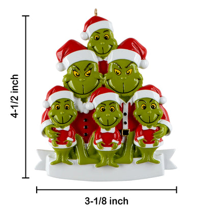 Personalized Green Monster Family of 6 Christmas Ornament