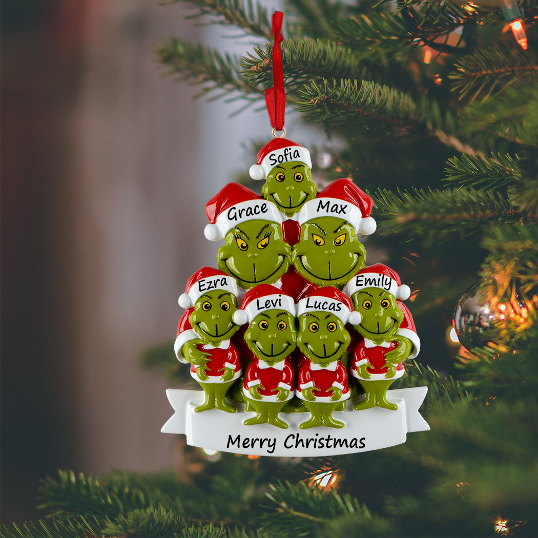 Personalized Green Monster Family of 7 Christmas Ornament