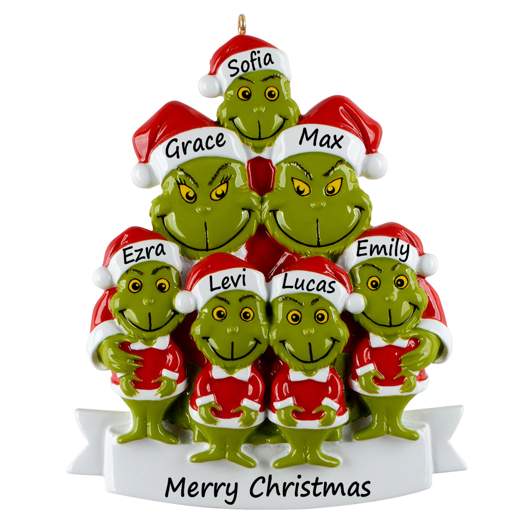 Personalized Green Monster Family of 7 Christmas Ornament