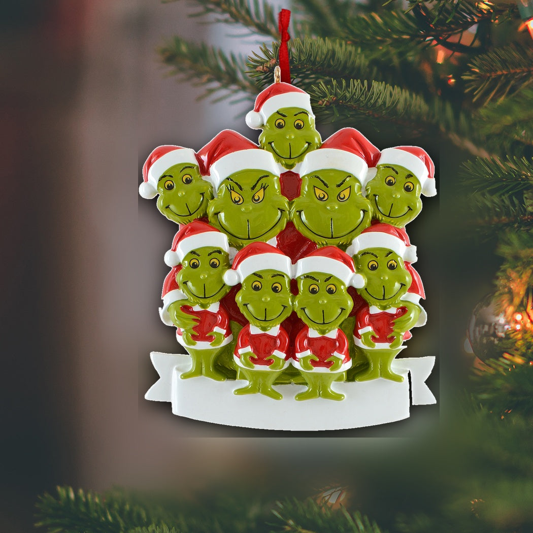Personalized Green Monster Family of 9 Christmas Ornament