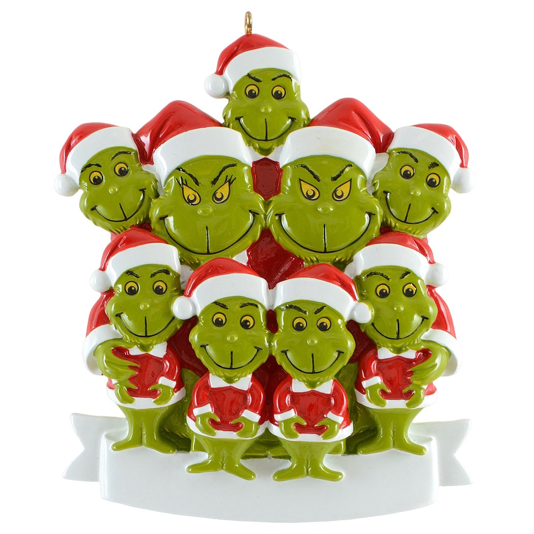 Personalized Green Monster Family of 9 Christmas Ornament