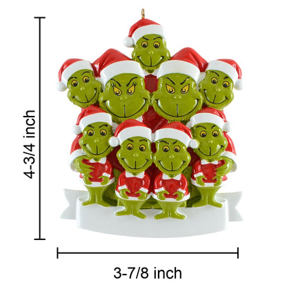 Personalized Green Monster Family of 9 Christmas Ornament