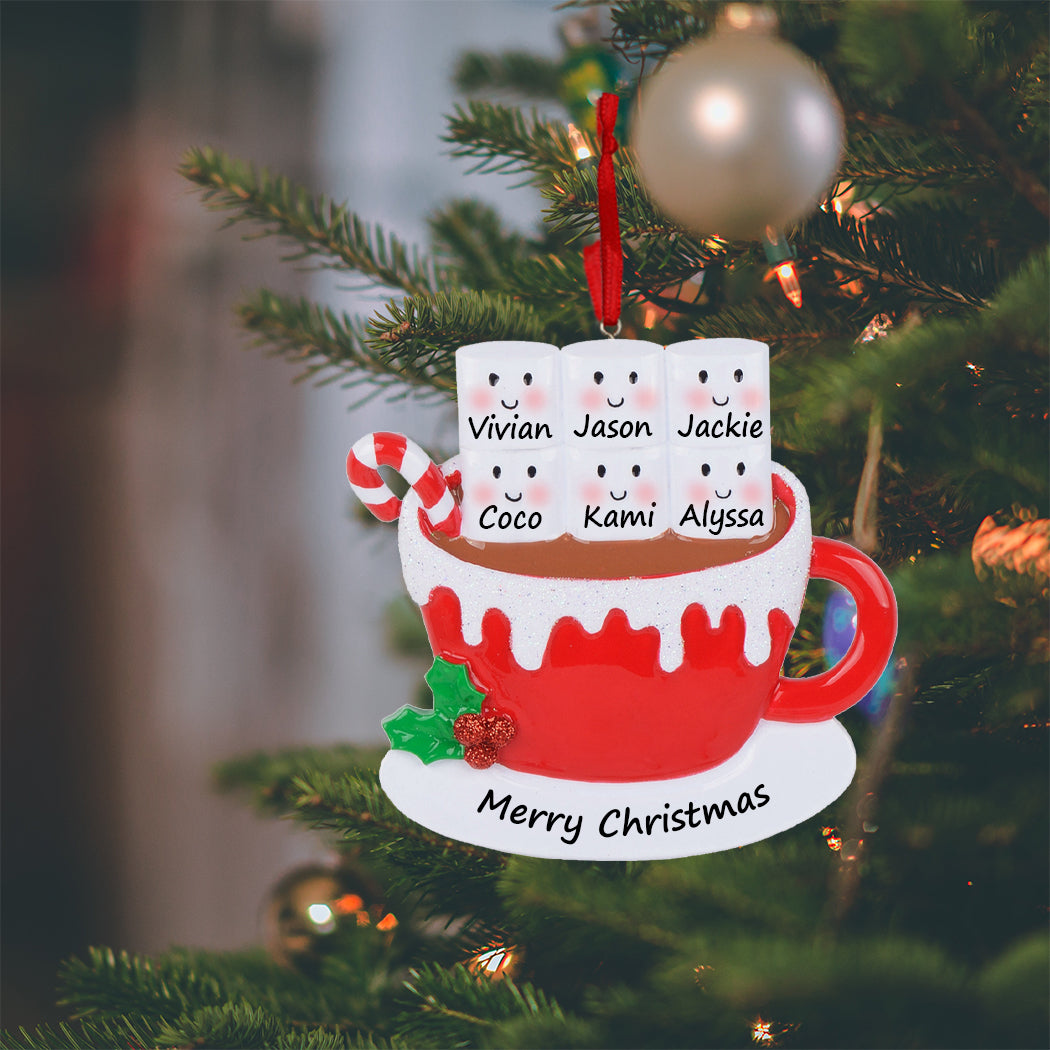 Personalized Hot Chocolate Marshmallow Mug Family of 6 Christmas Ornament