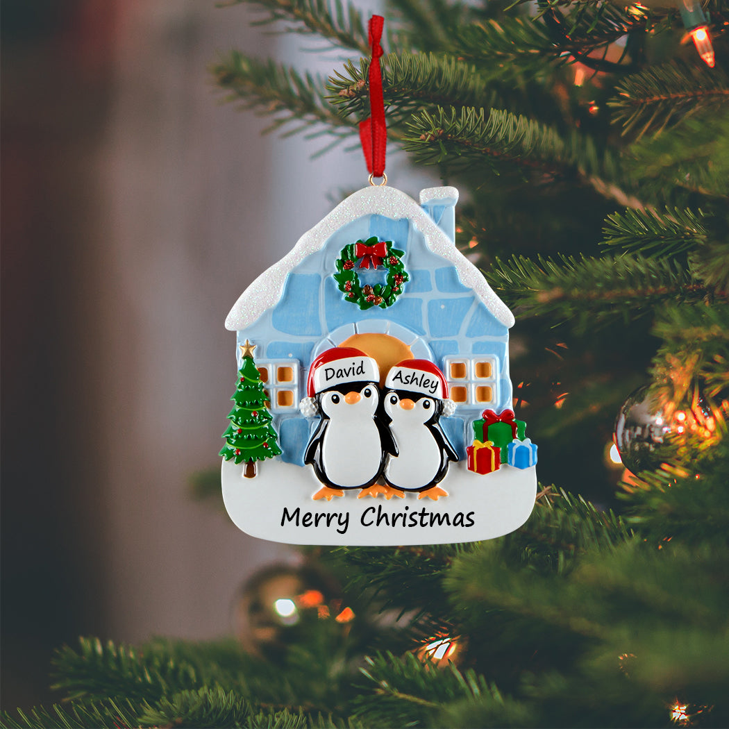 Personalized Igloo Penguin Family of 2 Christmas Ornament