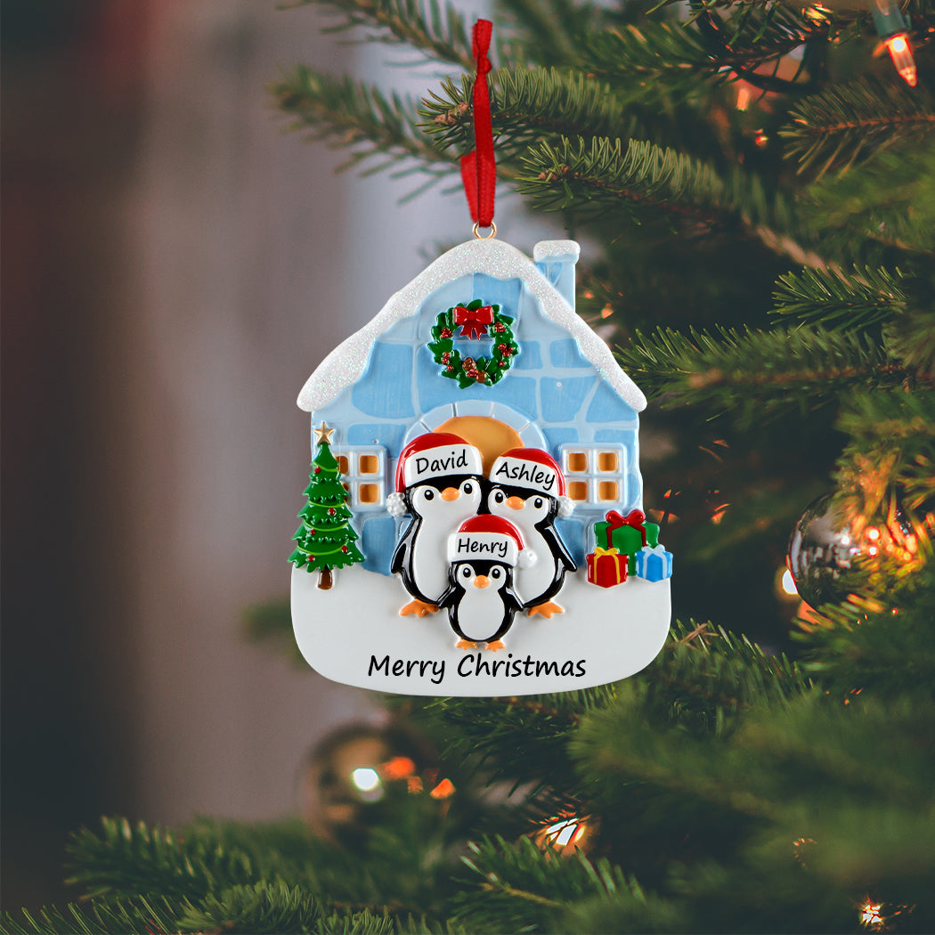 Personalized Igloo Penguin Family of 3 Christmas Ornament