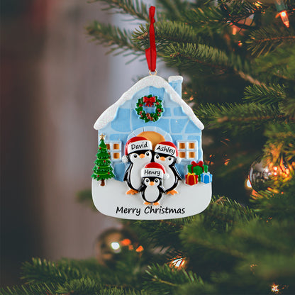 Personalized Igloo Penguin Family of 3 Christmas Ornament
