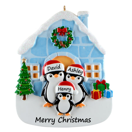 Personalized Igloo Penguin Family of 3 Christmas Ornament