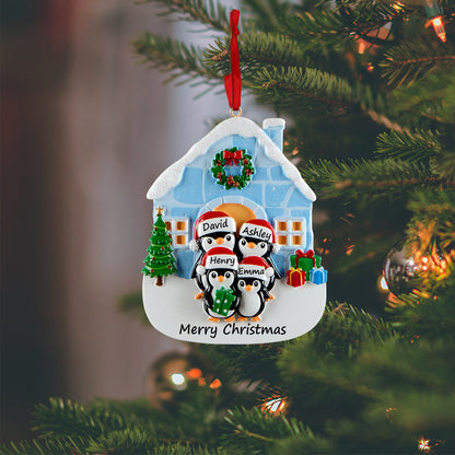 Personalized Igloo Penguin Family of 4 Christmas Ornament