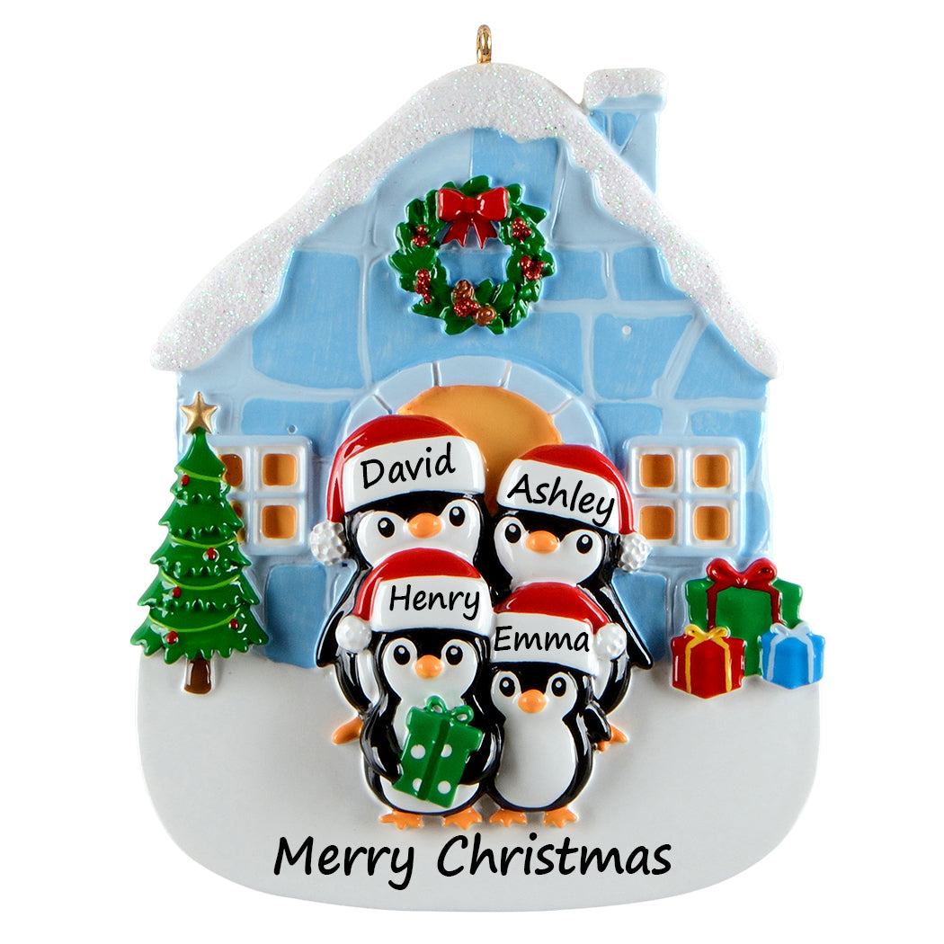 Personalized Igloo Penguin Family of 4 Christmas Ornament