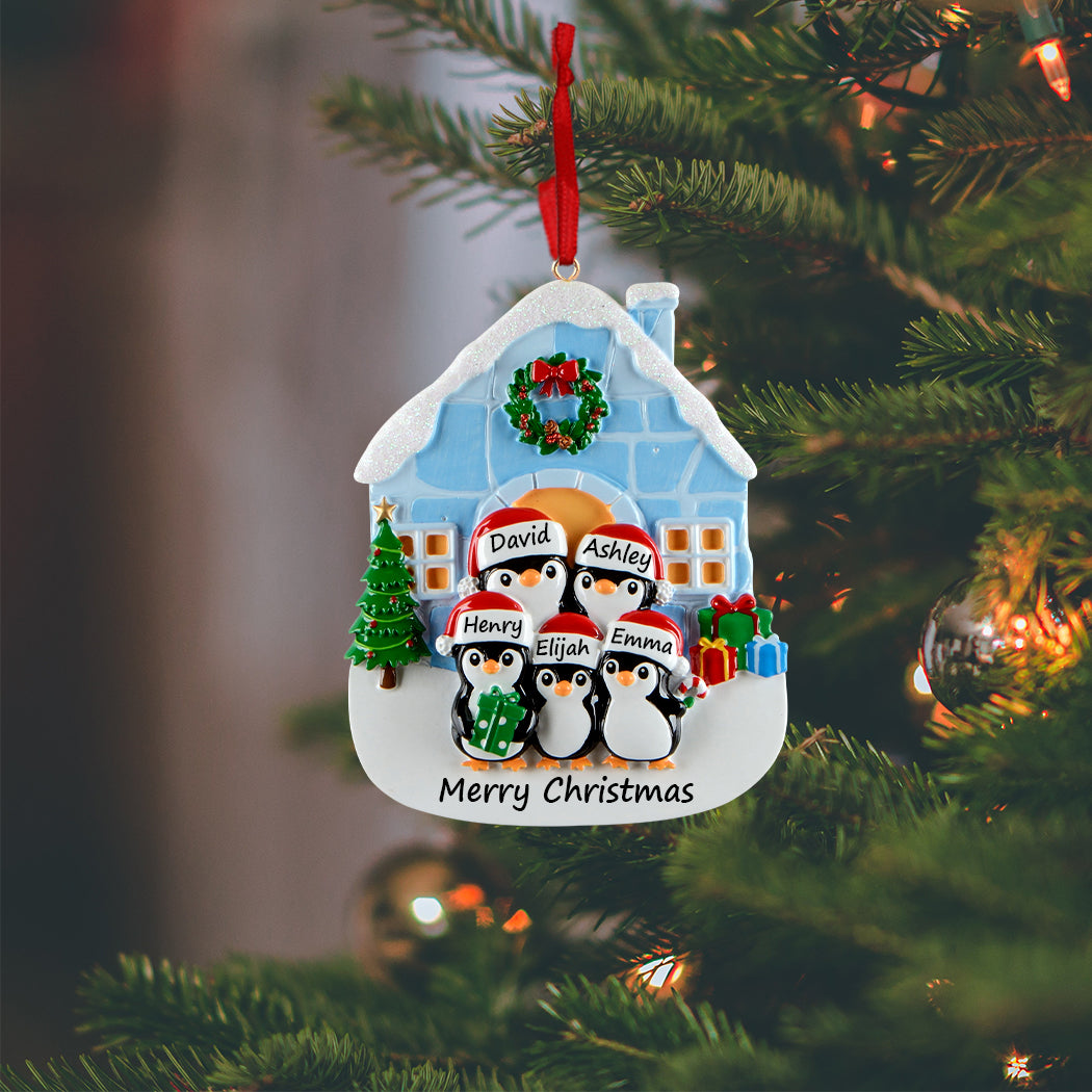 Personalized Igloo Penguin Family of 5 Christmas Ornament