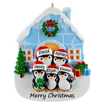 Personalized Igloo Penguin Family of 5 Christmas Ornament
