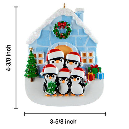 Personalized Igloo Penguin Family of 5 Christmas Ornament
