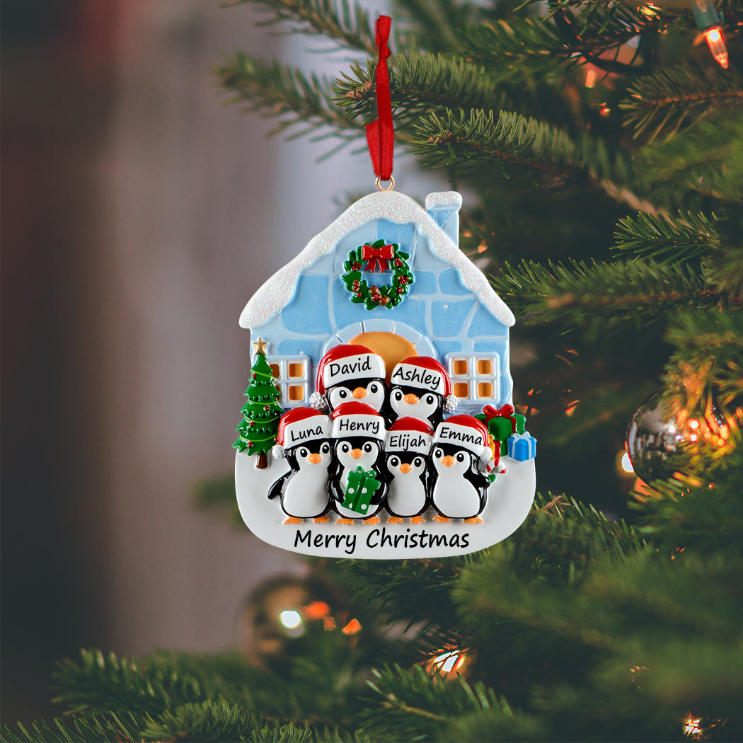 Personalized Igloo Penguin Family of 6 Christmas Ornament