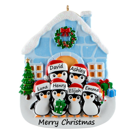 Personalized Igloo Penguin Family of 6 Christmas Ornament