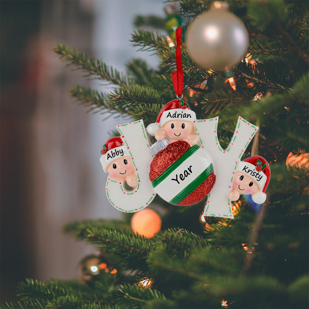 Personalized Joy Family of 3 Christmas Ornament