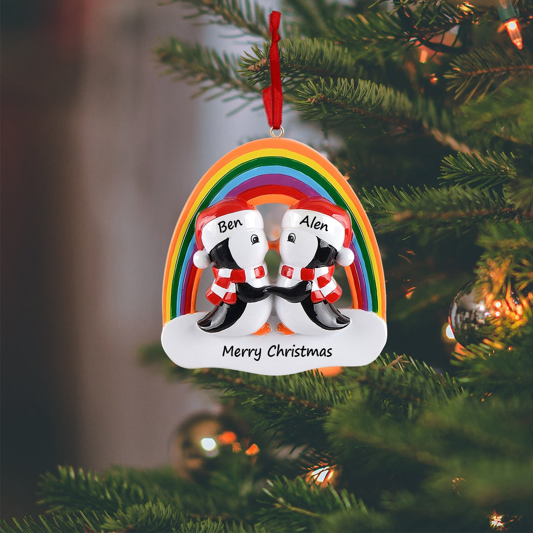 Personalized LGBT Rainbow Penguin Couple Christmas Ornament
