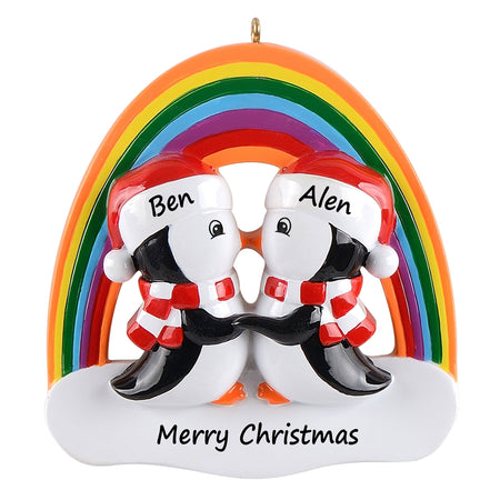 Personalized LGBT Rainbow Penguin Couple Christmas Ornament
