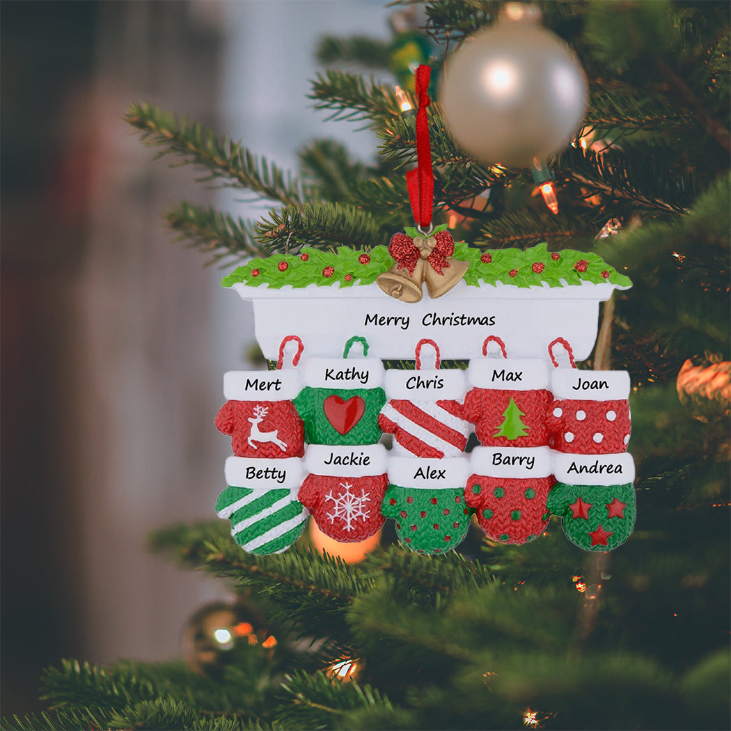 Mantel Mittens Family of 10 Personalized Large Family Christmas Ornament