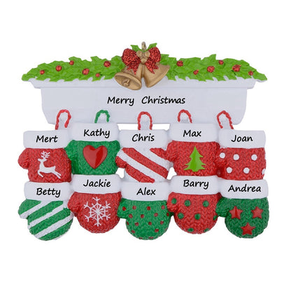 Mantel Mittens Family of 10 Personalized Large Family Christmas Ornament