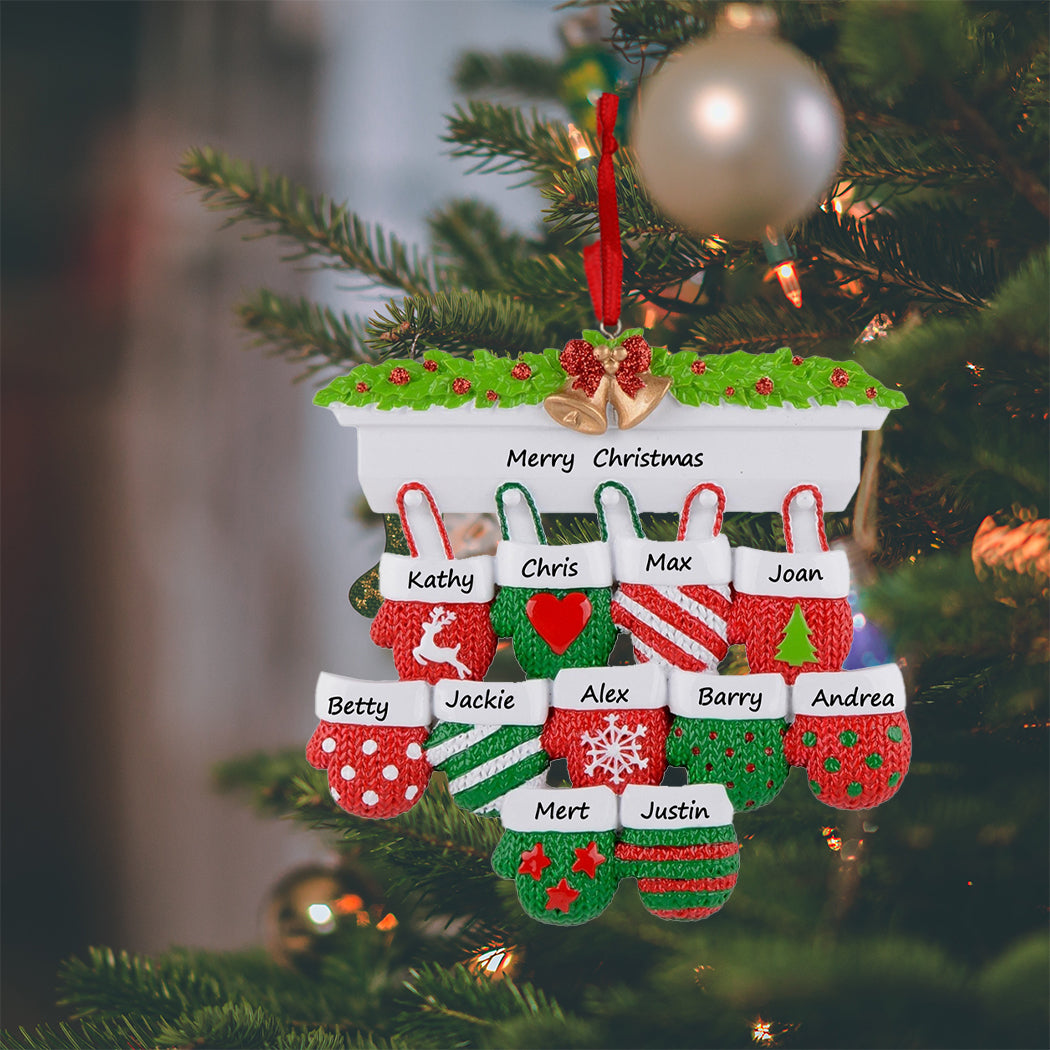Mantel Mittens Family of 11 Personalized Large Family Christmas Ornament