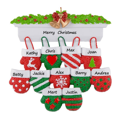 Mantel Mittens Family of 11 Personalized Large Family Christmas Ornament