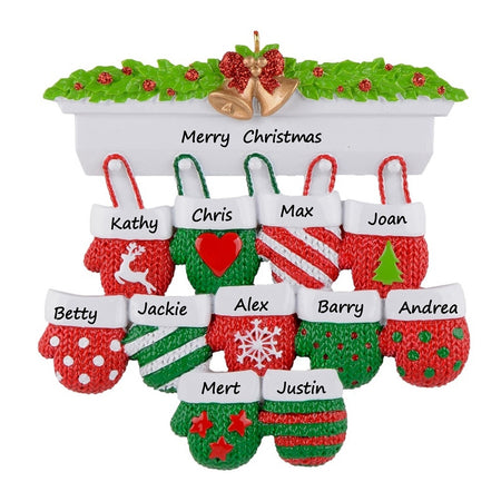 Mantel Mittens Family of 11 Personalized Large Family Christmas Ornament