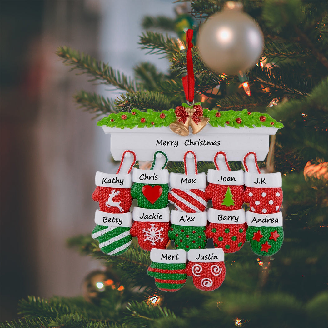 Mantel Mittens Family of 12 Personalized Large Family Christmas Ornament