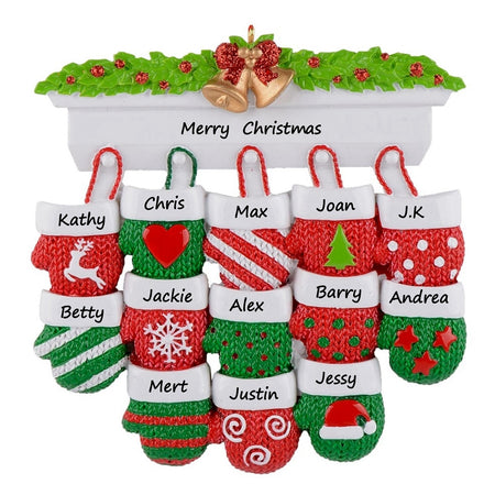 Mantel Mittens Family of 13 Personalized Large Family Christmas Ornament