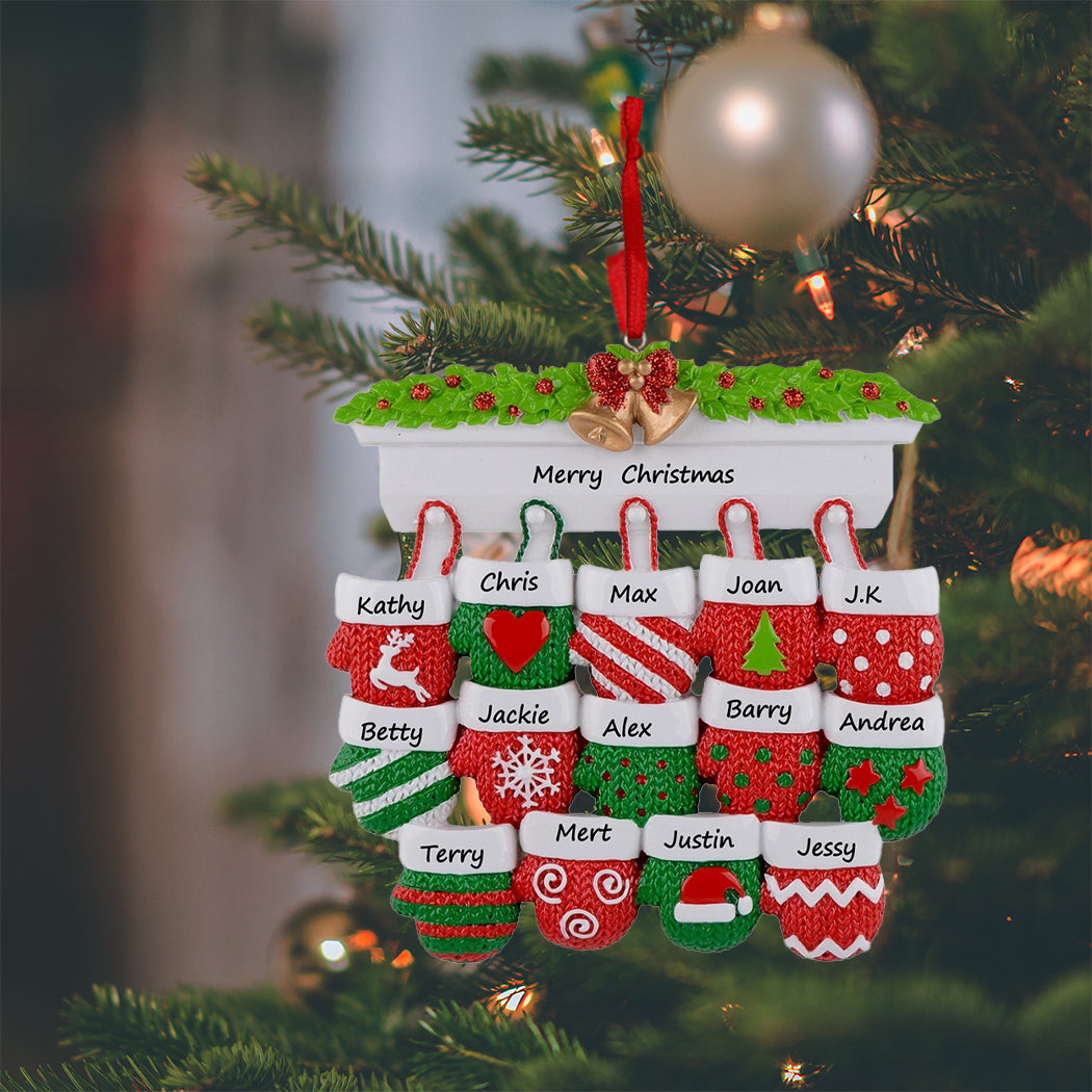 Mantel Mittens Family of 14 Personalized Large Family Christmas Ornament