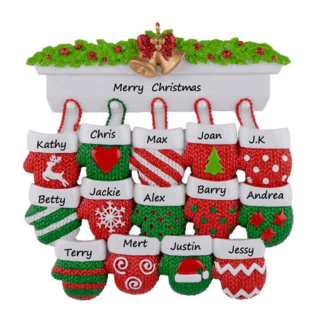 Mantel Mittens Family of 14 Personalized Large Family Christmas Ornament