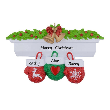 Mantel Mittens Family of 3 Personalized Christmas Ornament