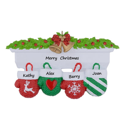 Mantel Mittens Family of 4 Personalized Christmas Ornament