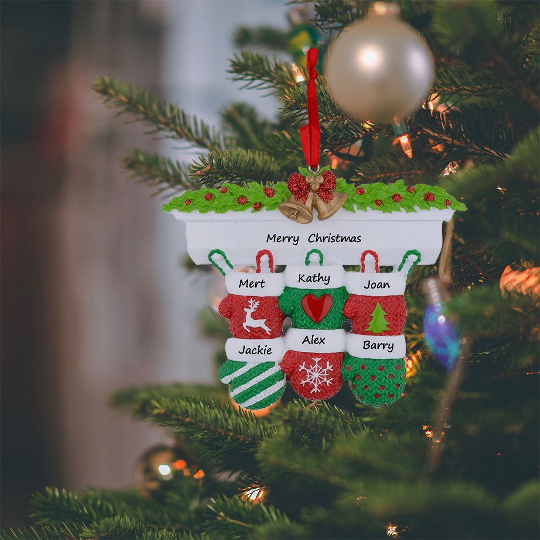 Mantel Mittens Family of 6 Personalized Christmas Ornament