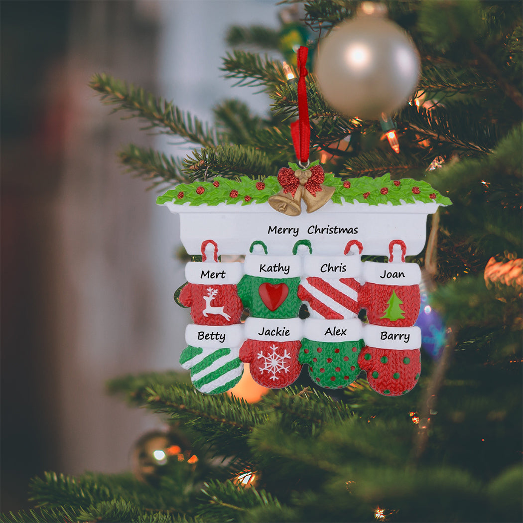 Mantel Mittens Family of 8 Personalized Christmas Ornament