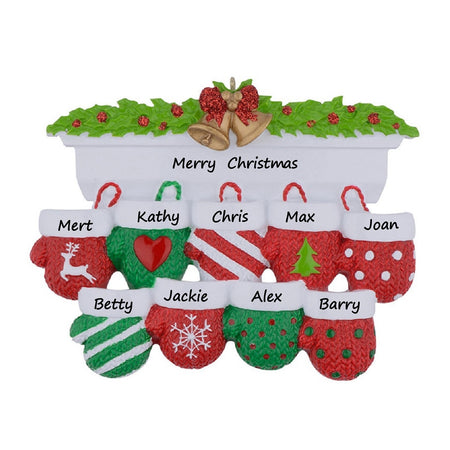 Mantel Mittens Family of 9 Personalized Large Family Christmas Ornament