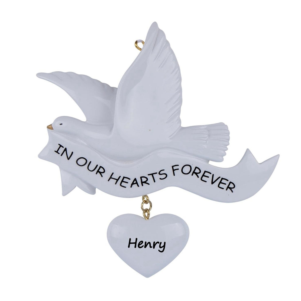 Personalized In Our Hearts Forever Memorial Ornament – Dove with Hanging Heart Christmas Ornament