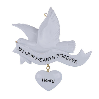 Personalized In Our Hearts Forever Memorial Ornament – Dove with Hanging Heart Christmas Ornament