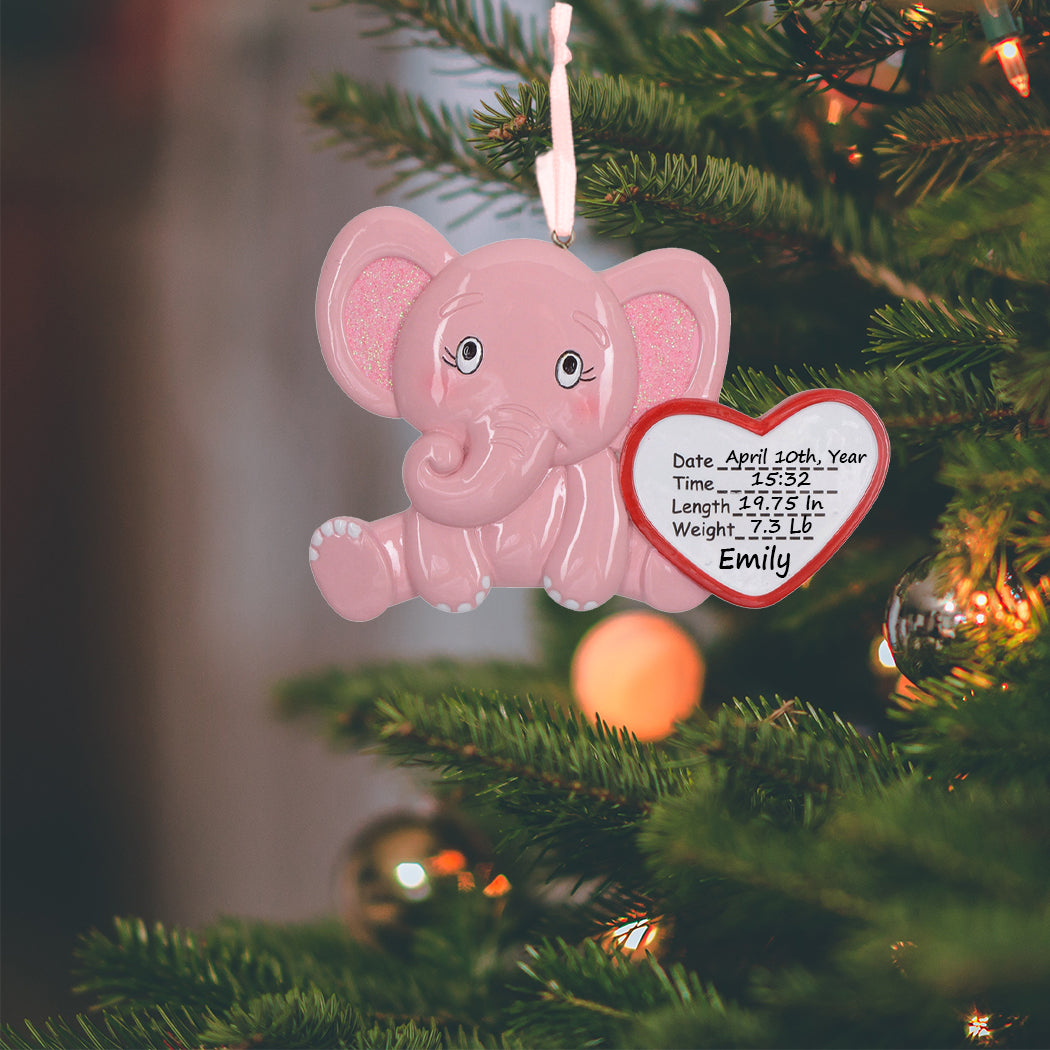 Personalized Newborn Baby Girl Elephant Ornament