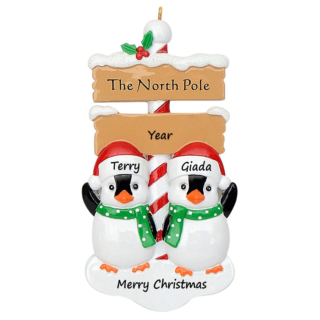 Personalized North Pole Penguin Family of 2 Christmas Ornament
