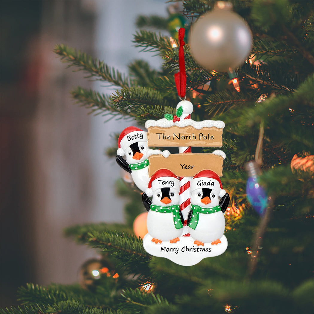 Personalized North Pole Penguin Family of 3 Christmas Ornament