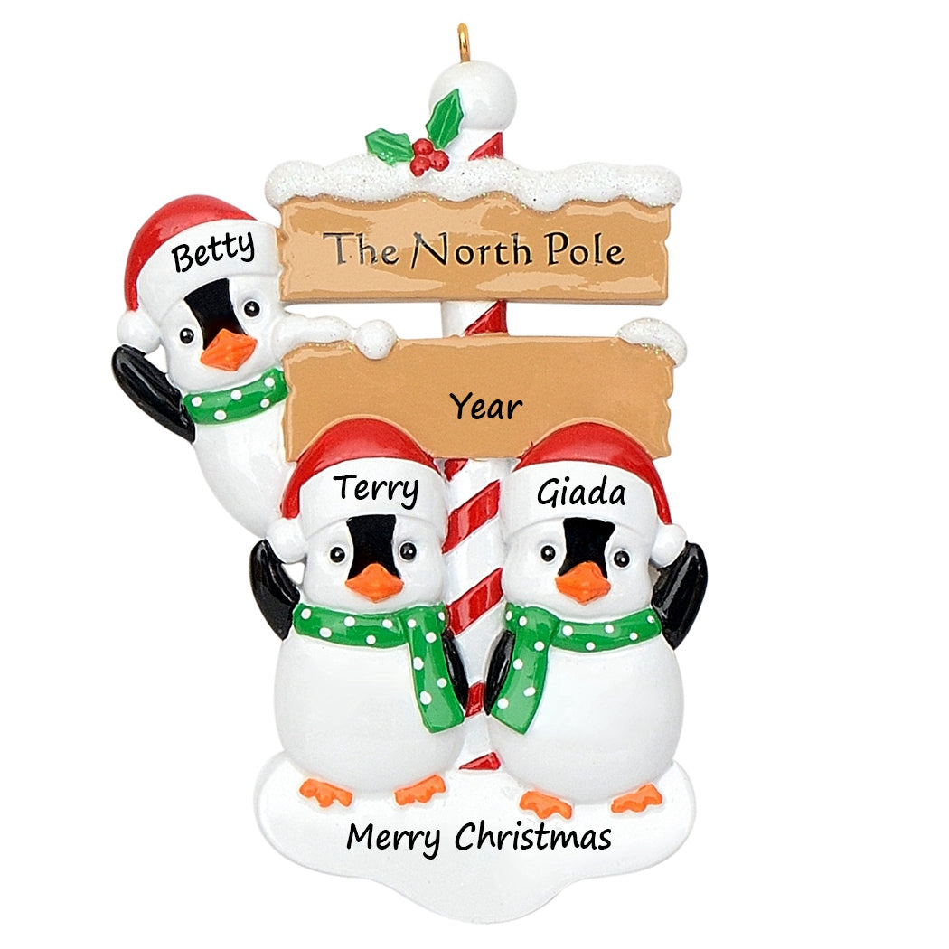 Personalized North Pole Penguin Family of 3 Christmas Ornament