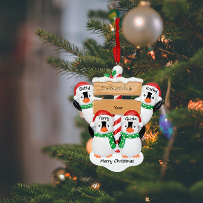 Personalized North Pole Penguin Family of 4 Christmas Ornament