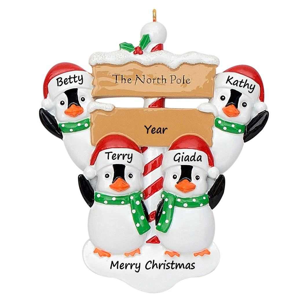 Personalized North Pole Penguin Family of 4 Christmas Ornament