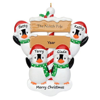 Personalized North Pole Penguin Family of 4 Christmas Ornament
