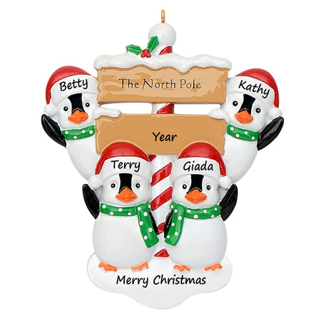 Personalized North Pole Penguin Family of 4 Christmas Ornament
