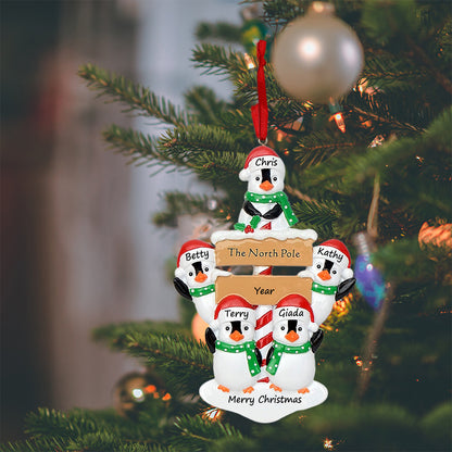 Personalized North Pole Penguin Family of 5 Christmas Ornament