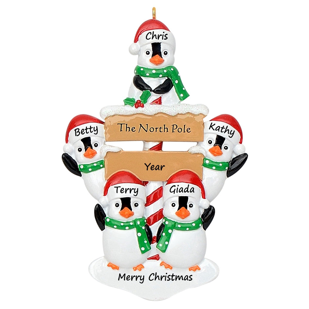 Personalized North Pole Penguin Family of 5 Christmas Ornament