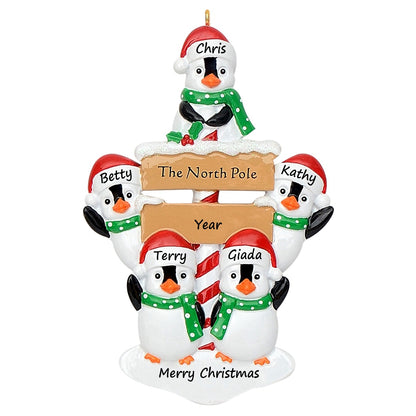 Personalized North Pole Penguin Family of 5 Christmas Ornament